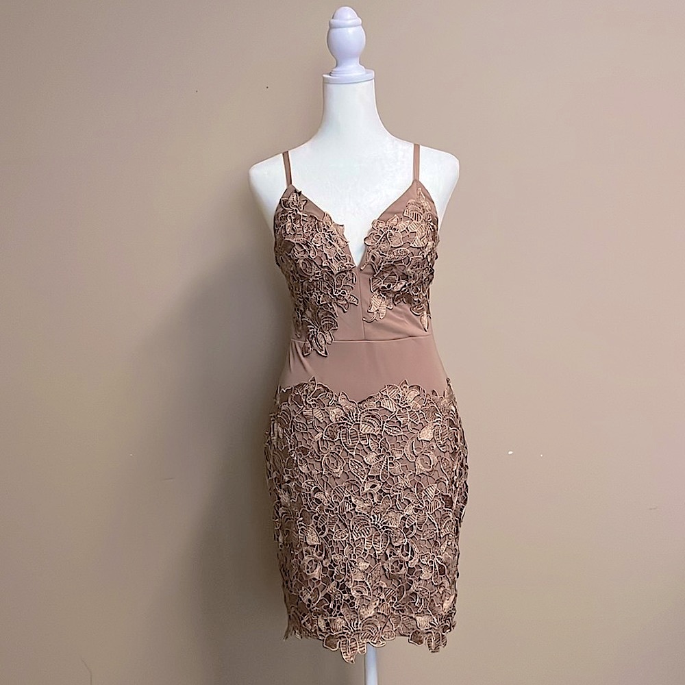 Mauve cocktail dress. Spaghetti strap. Lace detailing. Size Medium (US 8-10)